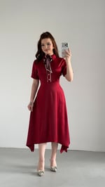 Lady Saten Fularlı Elbise Bordo
