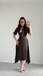 Lady Saten Fularlı Elbise Kahverengi 