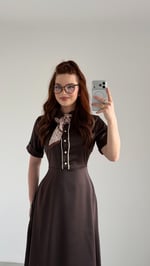 Lady Saten Fularlı Elbise Kahverengi 