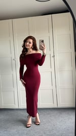 Leila Madonna Yaka Uzun Elbise Bordo