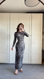 Leopar Basıc Yırtmaçlı Elbise Siyah