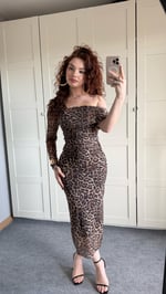 Leopar Omuz Detaylı Tül Elbise