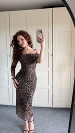 Leopar Omuz Detaylı Tül Elbise