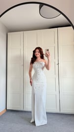 Luxury Straplez Taşlı Abiye Beyaz