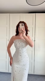 Luxury Straplez Taşlı Abiye Beyaz