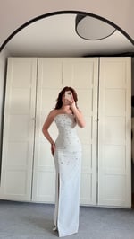 Luxury Straplez Taşlı Abiye Beyaz
