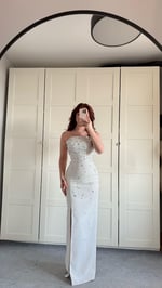 Luxury Straplez Taşlı Abiye Beyaz