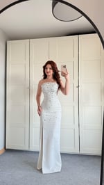Luxury Straplez Taşlı Abiye Beyaz