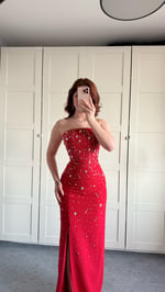 Luxury Straplez Taşlı Abiye Kırmızı