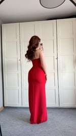 Luxury Straplez Taşlı Abiye Kırmızı