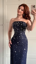 Luxury Straplez Taşlı Abiye Lacivert