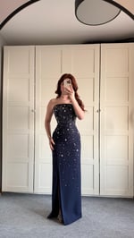 Luxury Straplez Taşlı Abiye Lacivert