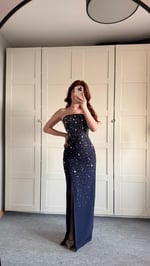 Luxury Straplez Taşlı Abiye Lacivert