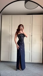 Luxury Straplez Taşlı Abiye Lacivert