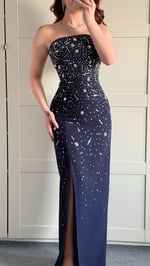 Luxury Straplez Taşlı Abiye Lacivert