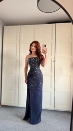 Luxury Straplez Taşlı Abiye Lacivert