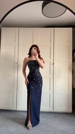Luxury Straplez Taşlı Abiye Lacivert