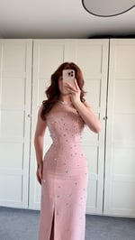 Luxury Straplez Taşlı Abiye Pudra Pembesi