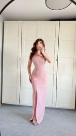 Luxury Straplez Taşlı Abiye Pudra Pembesi
