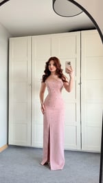 Luxury Straplez Taşlı Abiye Pudra Pembesi