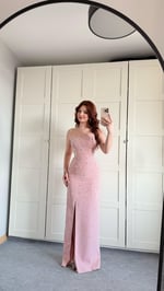 Luxury Straplez Taşlı Abiye Pudra Pembesi