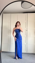 Luxury Straplez Taşlı Abiye Saks Mavisi