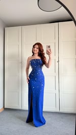 Luxury Straplez Taşlı Abiye Saks Mavisi