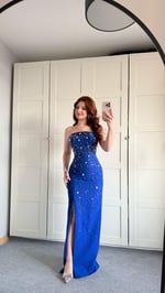 Luxury Straplez Taşlı Abiye Saks Mavisi