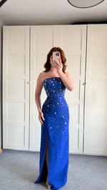 Luxury Straplez Taşlı Abiye Saks Mavisi