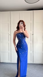 Luxury Straplez Taşlı Abiye Saks Mavisi