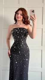 Luxury Straplez Taşlı Abiye Siyah