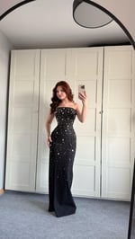 Luxury Straplez Taşlı Abiye Siyah