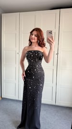 Luxury Straplez Taşlı Abiye Siyah