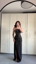 Luxury Straplez Taşlı Abiye Siyah
