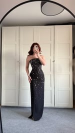 Luxury Straplez Taşlı Abiye Siyah