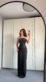 Luxury Straplez Taşlı Abiye Siyah