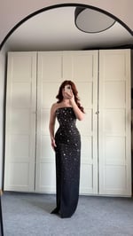 Luxury Straplez Taşlı Abiye Siyah