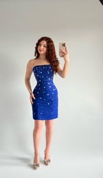 Luxury Straplez Taşlı Mini Abiye Saks