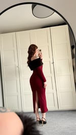 Madonna Kürk Yaka Bordo Elbise