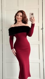 Madonna Kürk Yaka Bordo Elbise