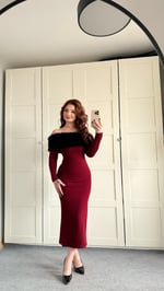 Madonna Kürk Yaka Bordo Elbise