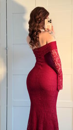 Madonna Yaka Dantel Uzun Elbise Bordo