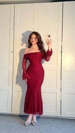 Madonna Yaka Dantel Uzun Elbise Bordo