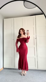 Madonna Yaka Dantel Uzun Elbise Bordo