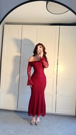 Madonna Yaka Dantel Uzun Elbise Bordo