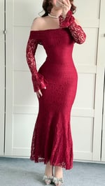 Madonna Yaka Dantel Uzun Elbise Bordo