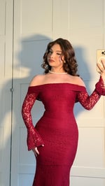 Madonna Yaka Dantel Uzun Elbise Bordo
