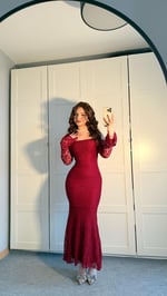 Madonna Yaka Dantel Uzun Elbise Bordo