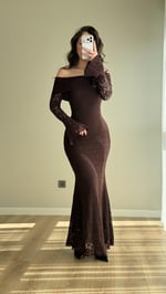 Madonna Yaka Dantel Uzun Elbise Kahverengi 