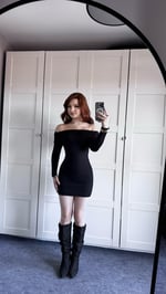 Madonna Yaka Uzun Kol Mini Elbise Siyah